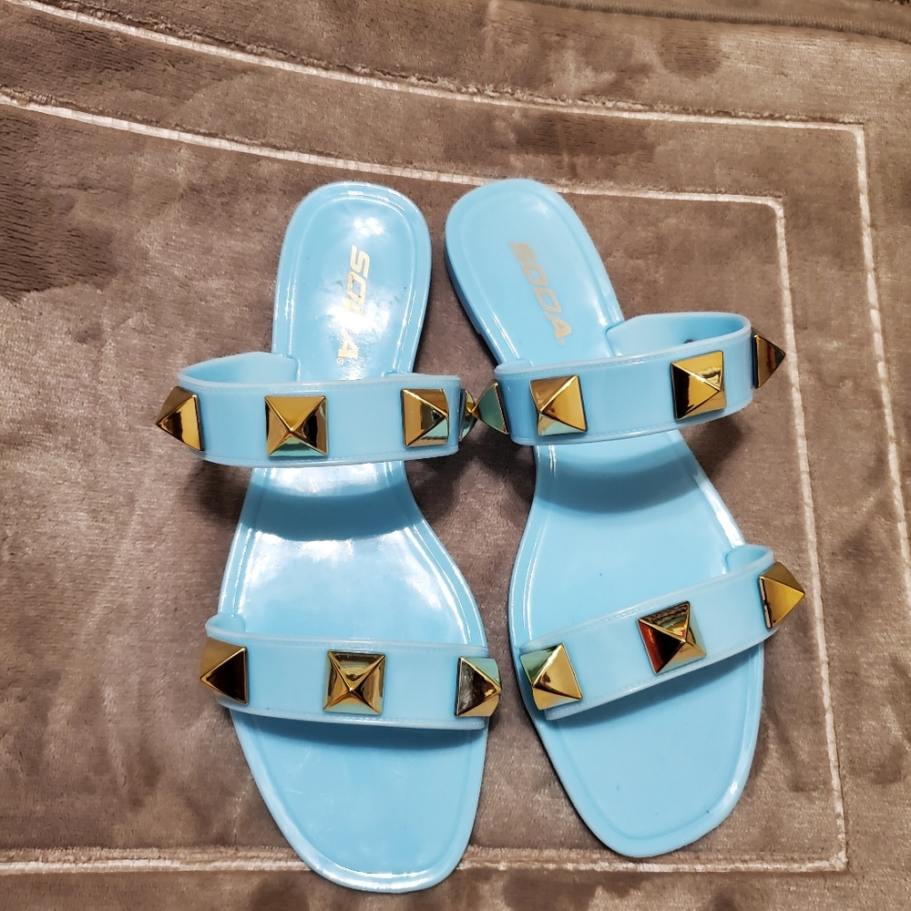 Soda Baby Blue Rubber Women's Open Toe Dual Strap Embellished Sandals sz7
